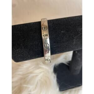 Logo Silver Toned Bangle Bracelet Hinged Heavy